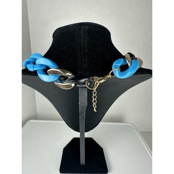 Retro Gold Pink & Blue Chunky Necklace Alternating Pattern Collar Jewelry 1pc - Picture 2 of 3